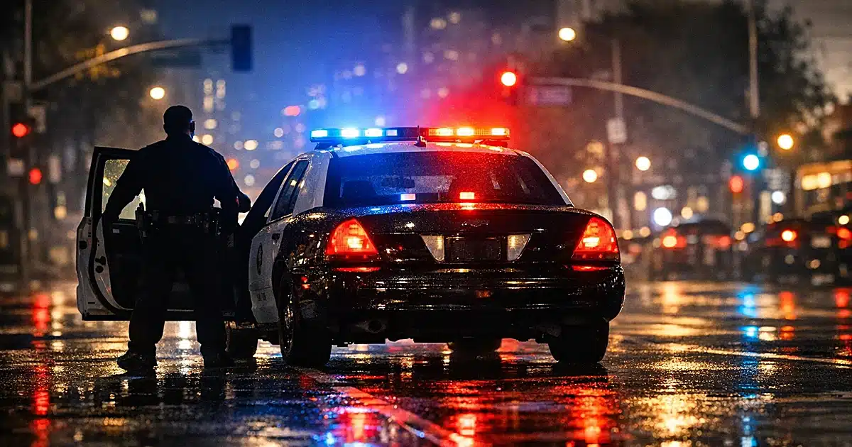 LAPD patrol car with flashing lights on wet street at dusk with silhouetted officer beside vehicle
