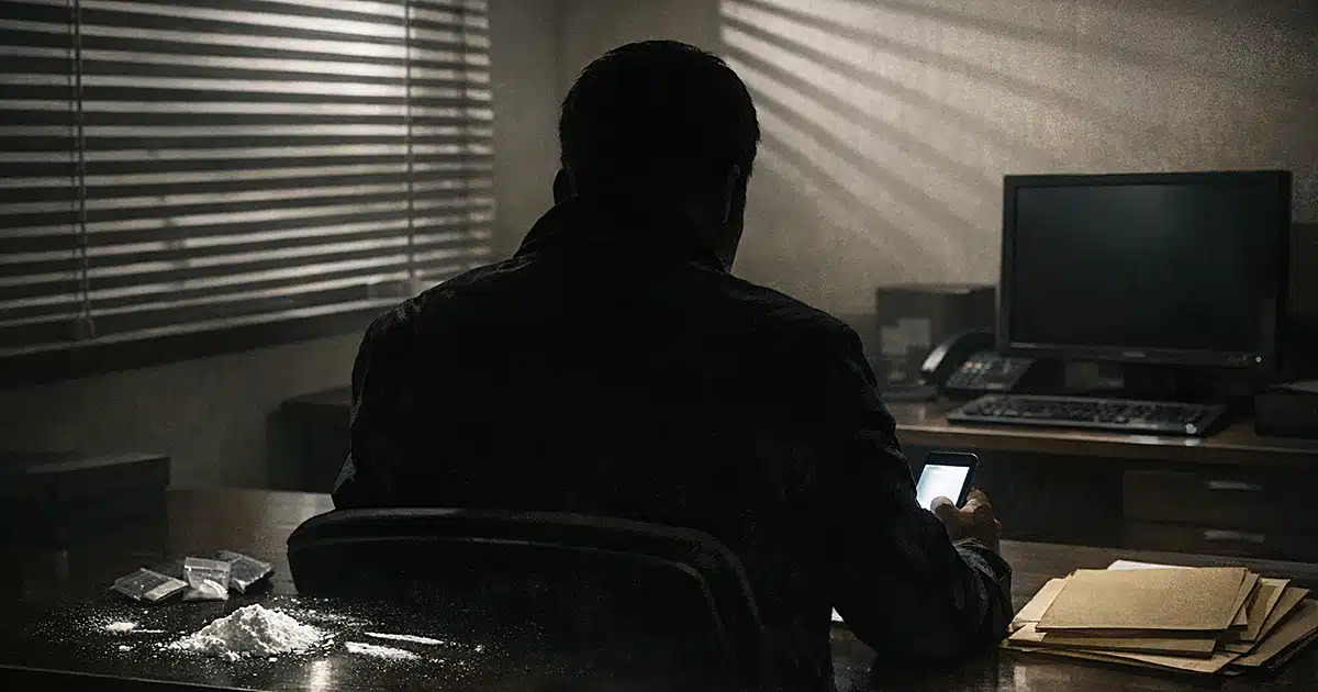 Silhouetted figure at office desk with smartphone, white powder, and government documents in dim institutional setting
