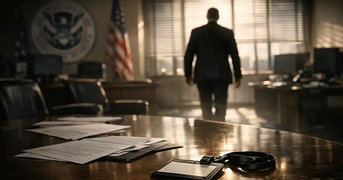 Empty DHS conference room with scattered documents and visitor badge on table, silhouetted figure walking toward windows