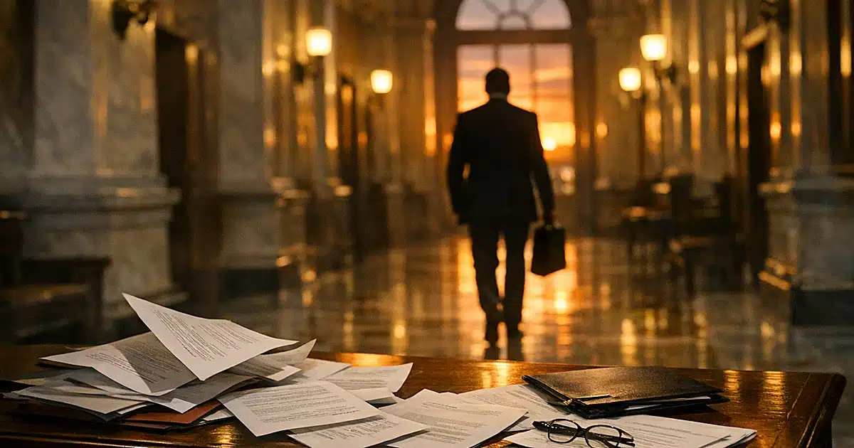 Silhouetted figure walking down statehouse corridor at sunset with campaign documents on desk in foreground