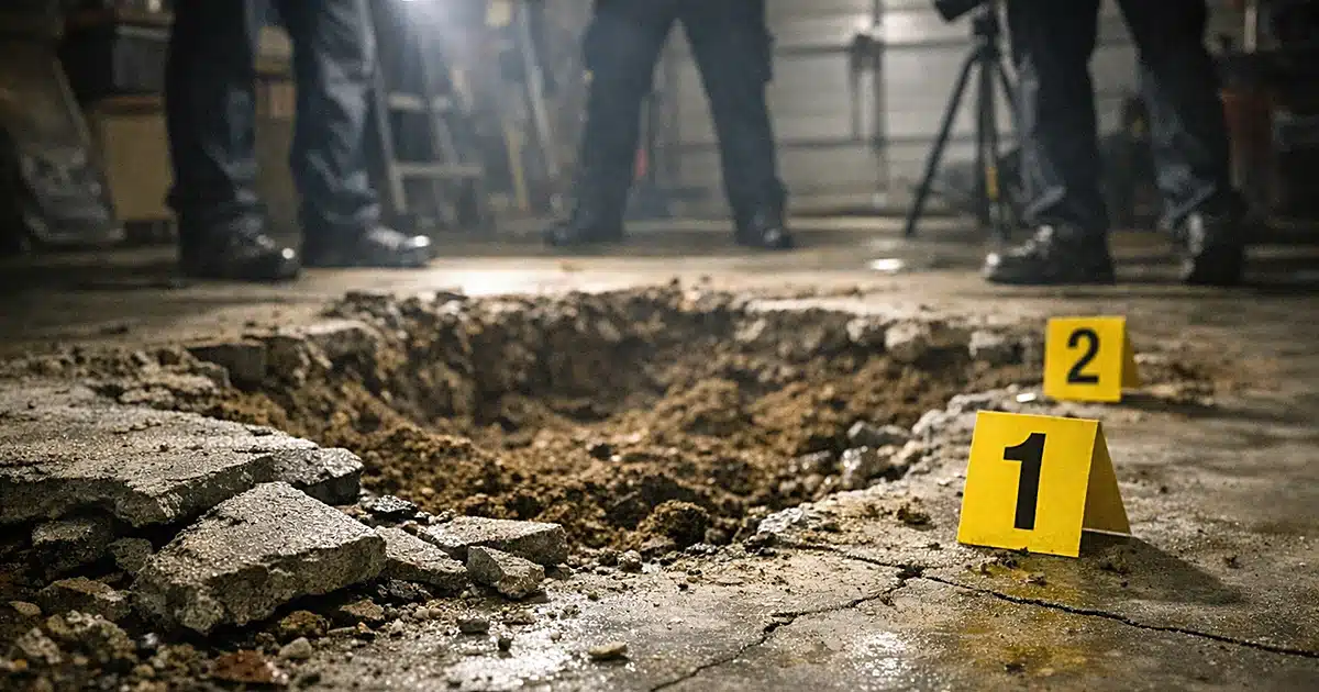 Broken concrete garage floor with exposed dirt beneath and evidence markers during active investigation
