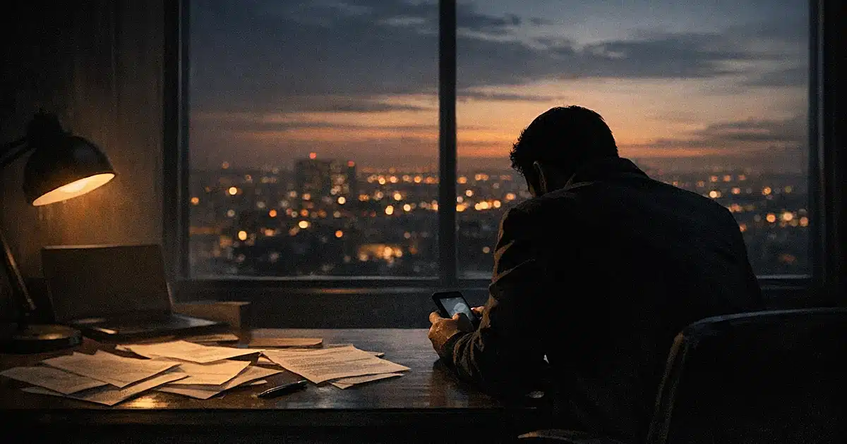 Silhouetted figure at desk with phone in dim room, city lights visible through window, suggesting political deliberation