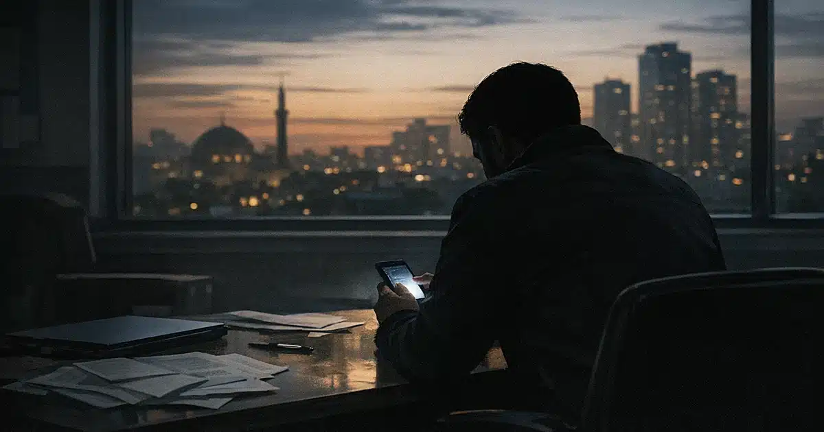 Silhouetted figure at desk on phone call in dim campaign office with city skyline visible through window