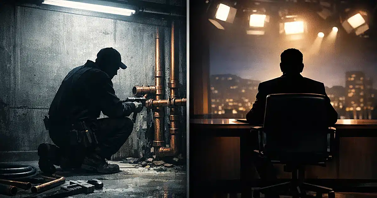 Split scene contrasting plumber working with pipes on left and television host silhouette at studio desk on right