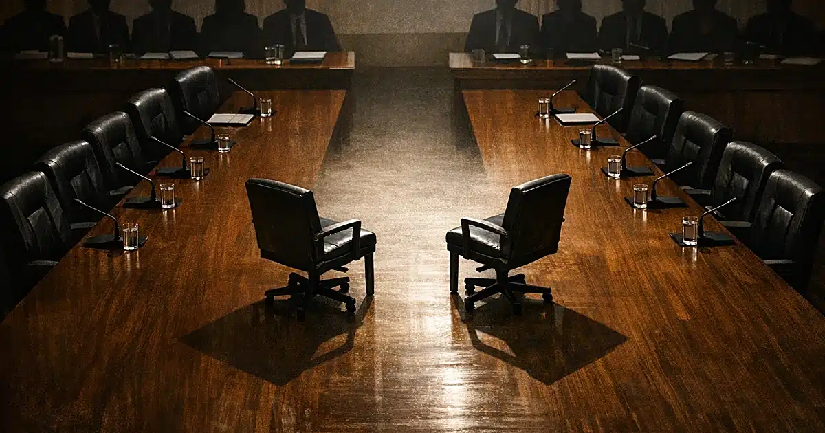 Overhead view of committee table with chairs arranged 8-7, two chairs isolated between groups showing vote defections