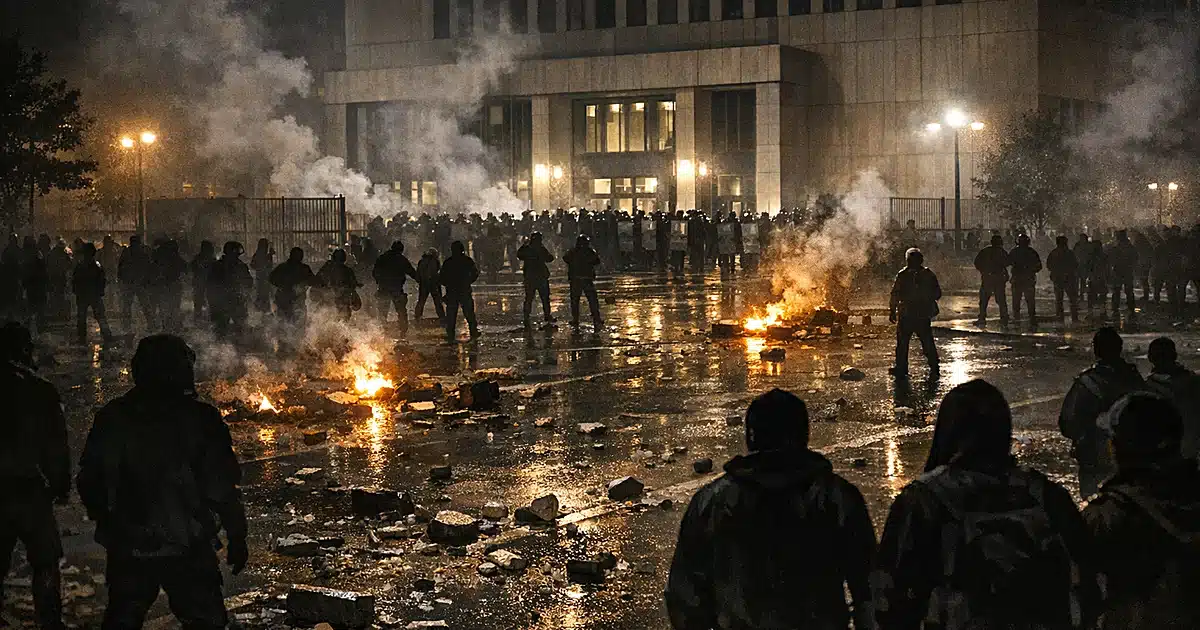 Silhouetted protesters surrounding a building at night with debris scattered on street and smoke rising from fires