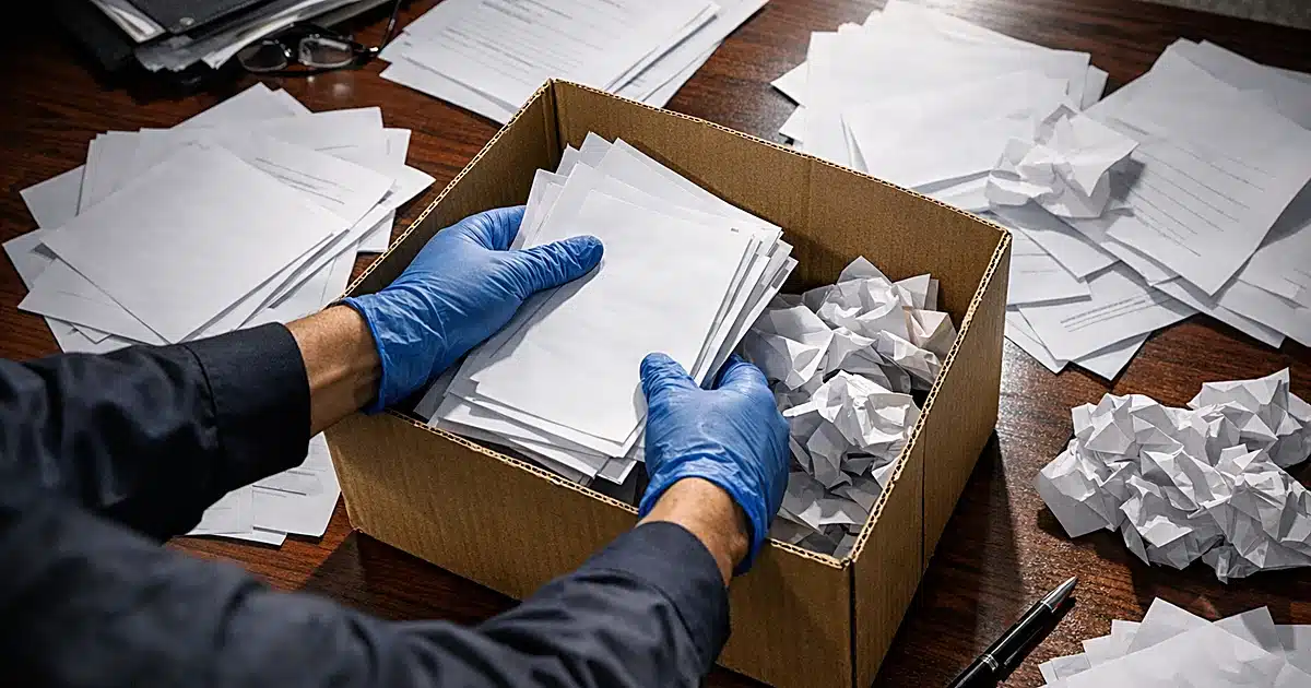 Grant documents being cleared from government desk into archive box under fluorescent office lighting