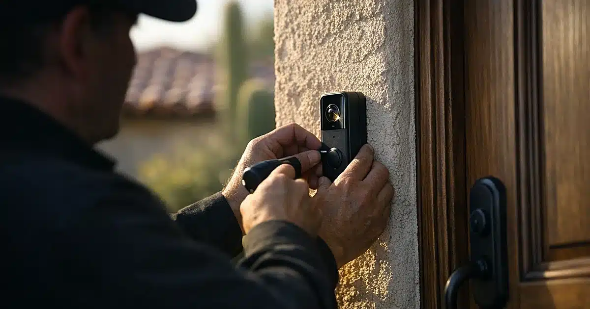 Hands installing doorbell security camera on residential home exterior wall in desert Southwest neighborhood