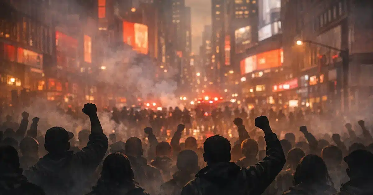 Silhouetted protesters with raised fists fill an urban street at dusk beneath glowing neon storefronts