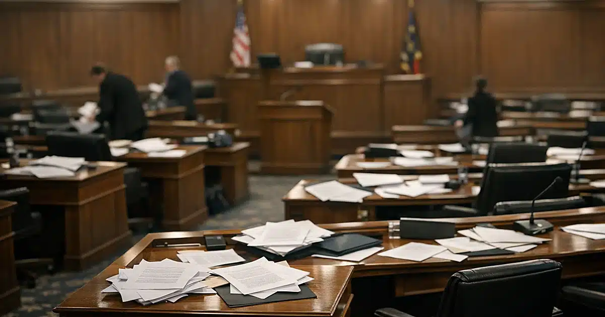 Empty state legislative chamber with scattered papers on desks and silhouetted staffers in background