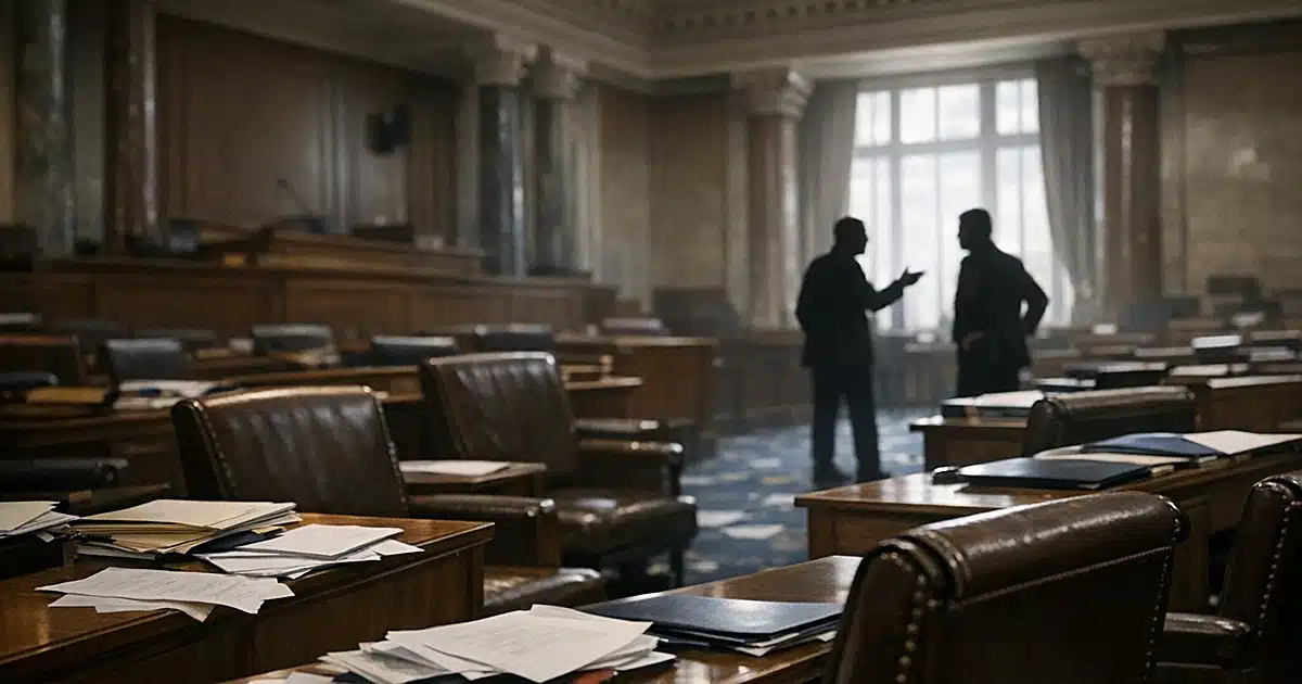 Empty legislative chamber with scattered papers and silhouetted figures in tense discussion along the aisle