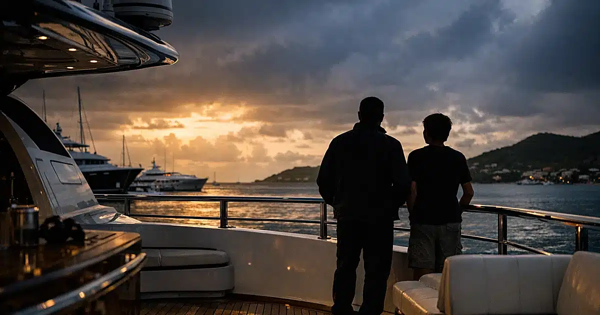 Luxury yacht deck at sunset with St. Martin island coastline in background