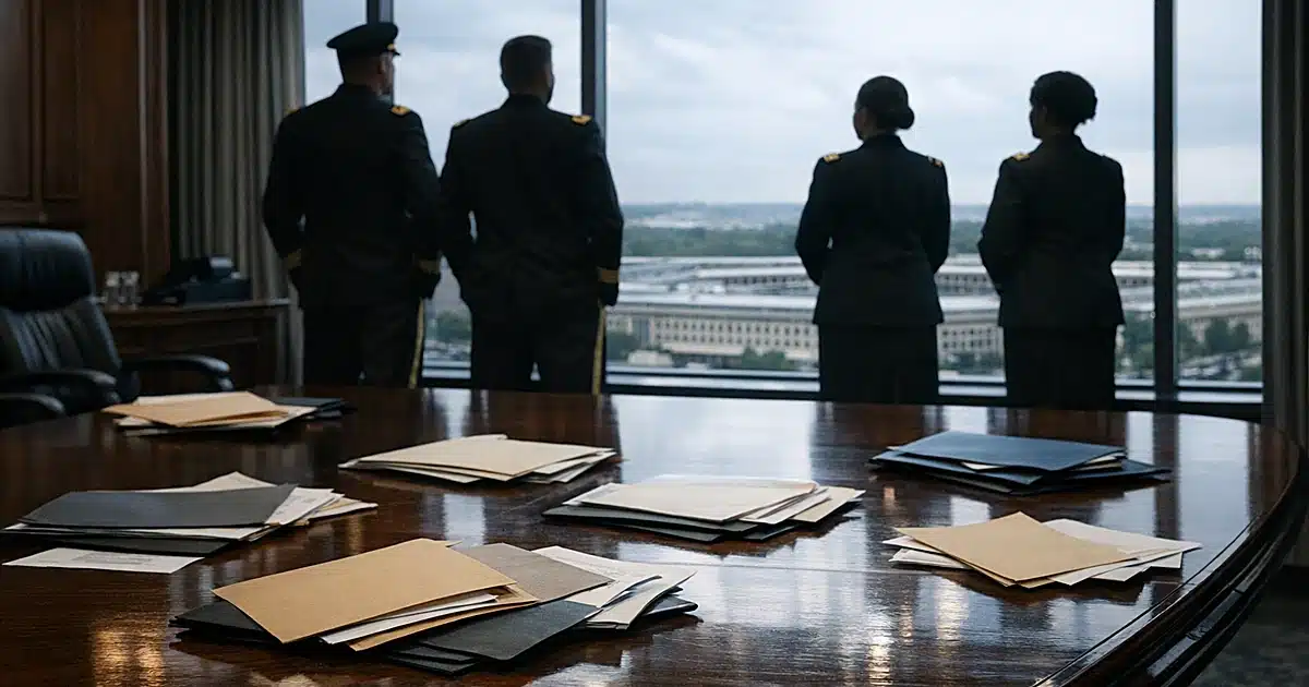 Pentagon briefing room with military personnel folders on conference table and silhouetted uniformed figures