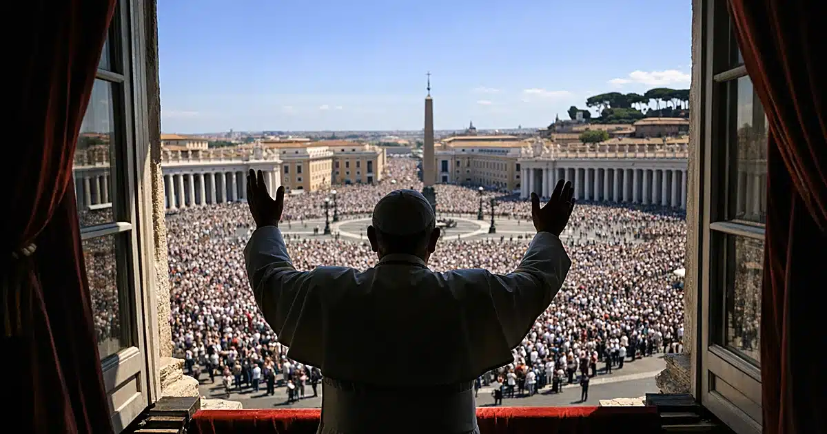 Silhouetted figure at Vatican window overlooking empty St. Peter's Square in bright daylight