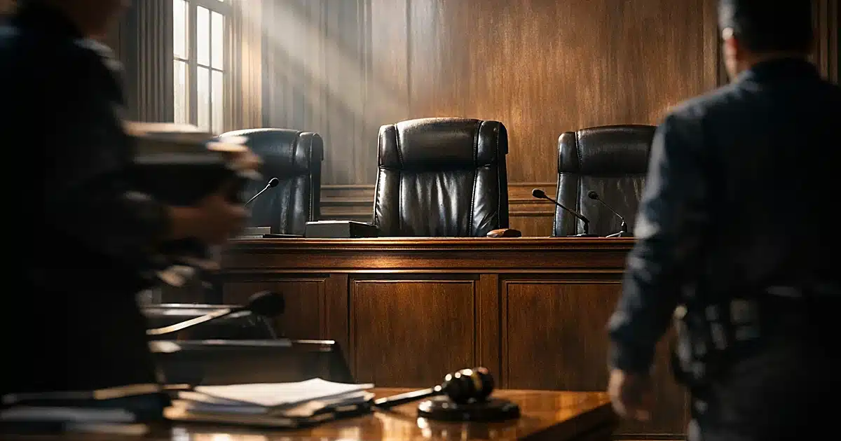 Empty federal courtroom bench with vacant center chair and silhouetted court staff in motion