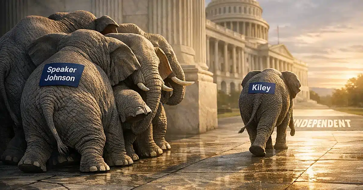 Elephant labeled Kiley leaving group of crowded Republican elephants, walking toward independent territory