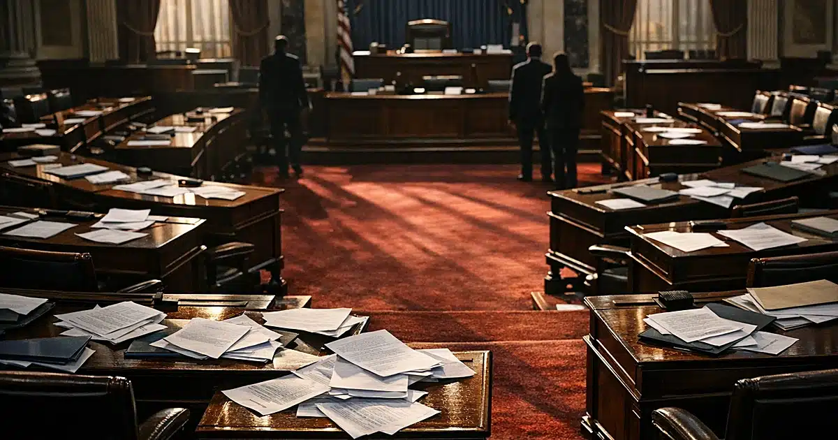 Empty Senate chamber with scattered papers on desks after legislative session