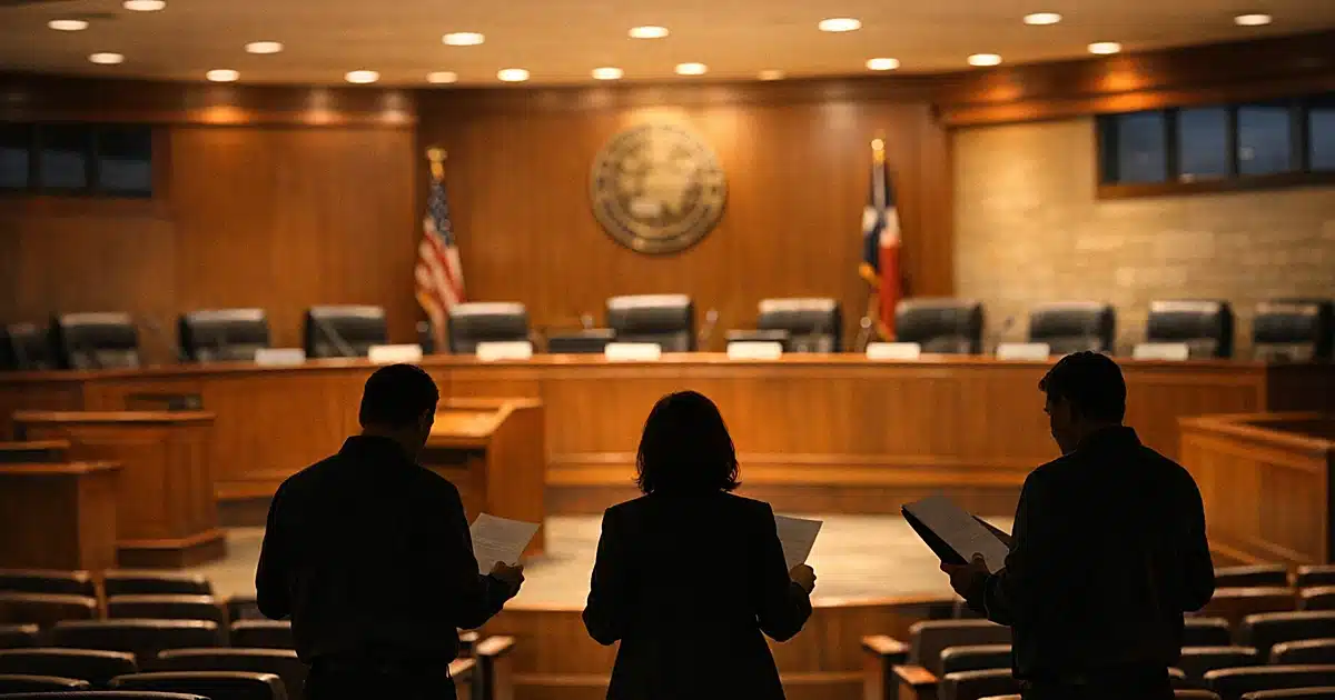 Empty city council chamber with silhouetted figures reviewing documents in aisle, warm overhead lighting