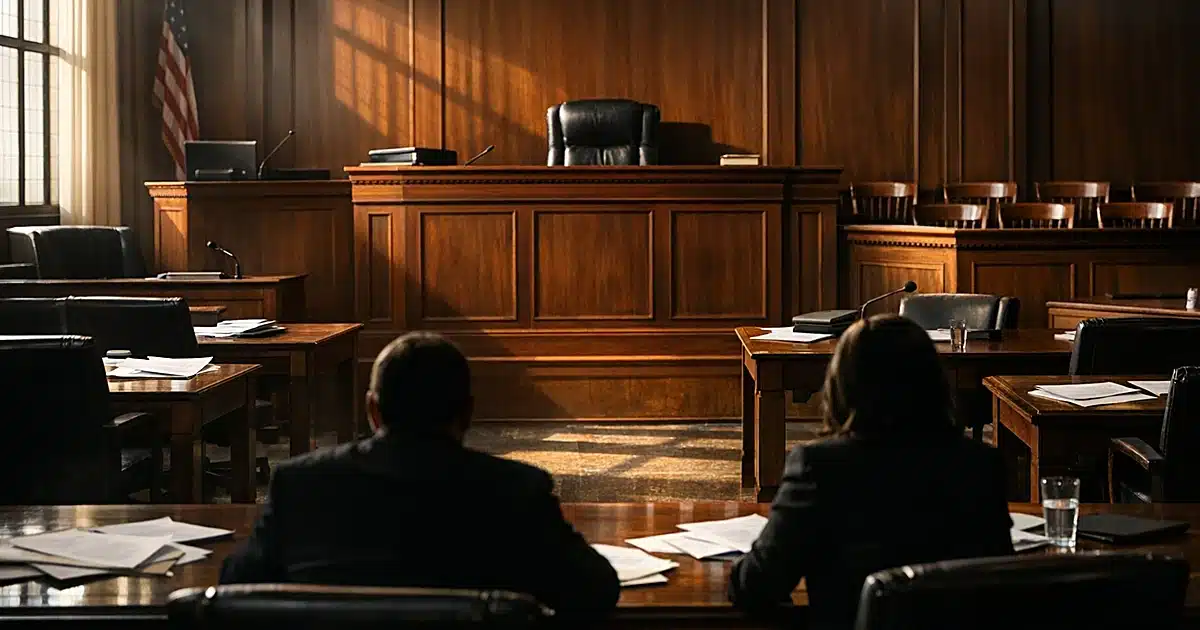 Empty federal courtroom interior with judge's bench, scattered papers on counsel tables, dramatic window lighting