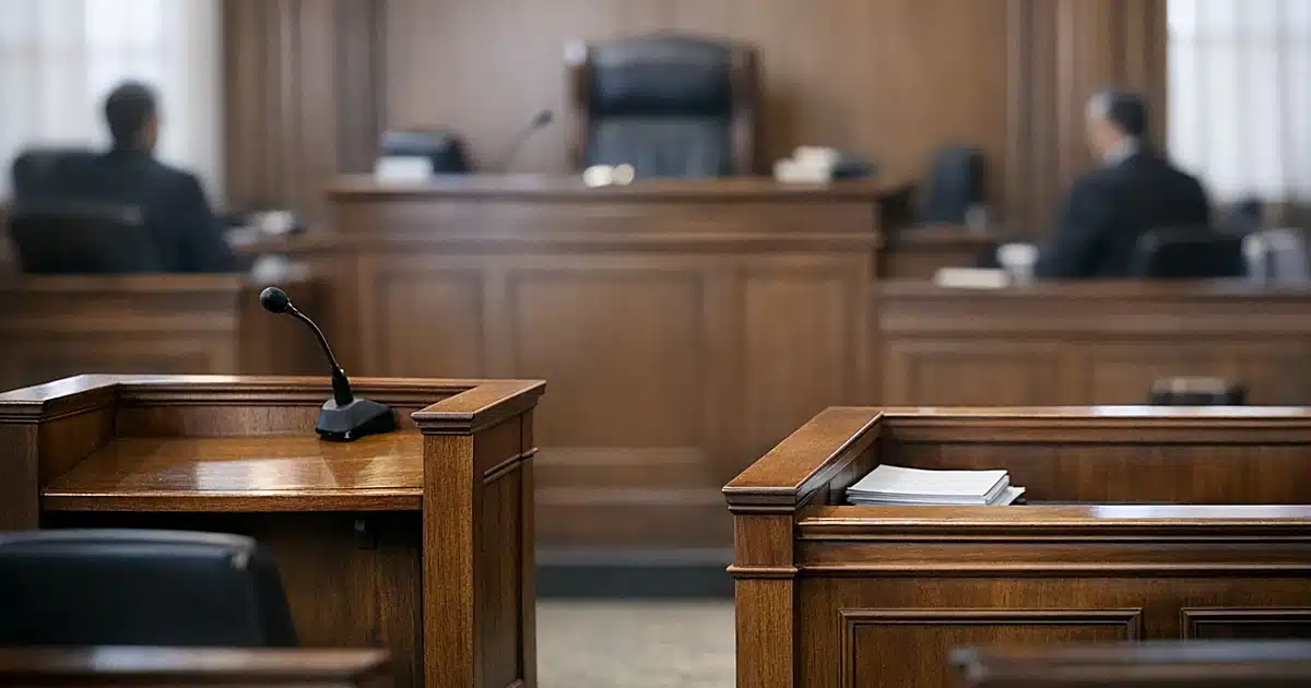 Empty witness stand and dock in a London courtroom with judge's bench visible behind