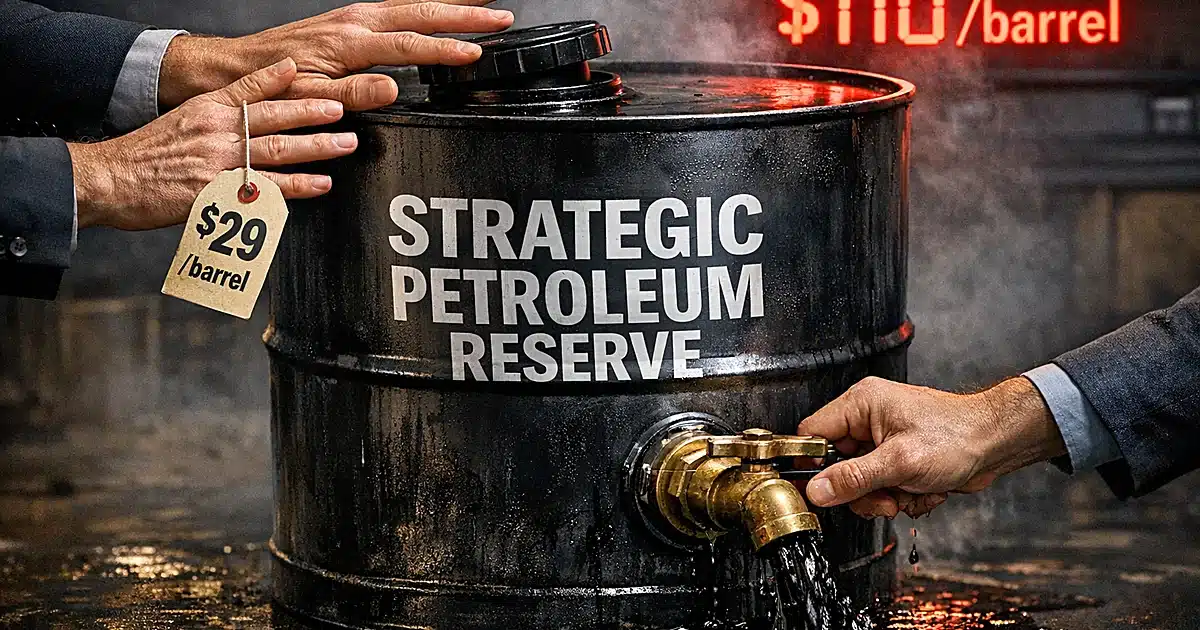 Oil reserve barrel with one hand blocked from filling it and another hand draining it, showing policy reversal