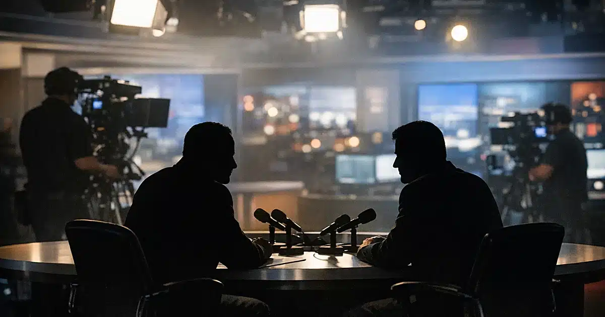 Silhouetted figures at broadcast desk during live television interview with studio cameras and lighting