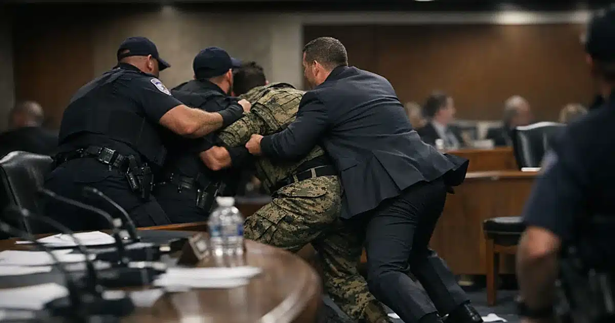 Editorial illustration depicting a disruption at a Senate committee hearing with security response