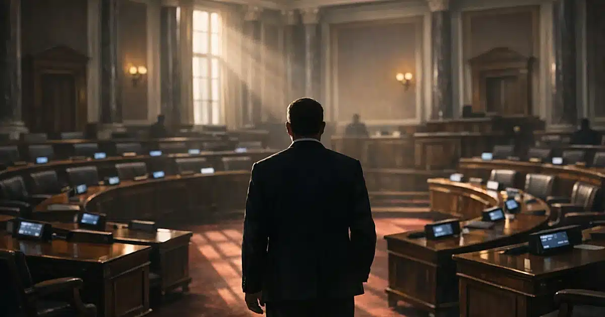 Silhouetted figure standing in empty Senate chamber with voting displays on desks and afternoon light streaming in
