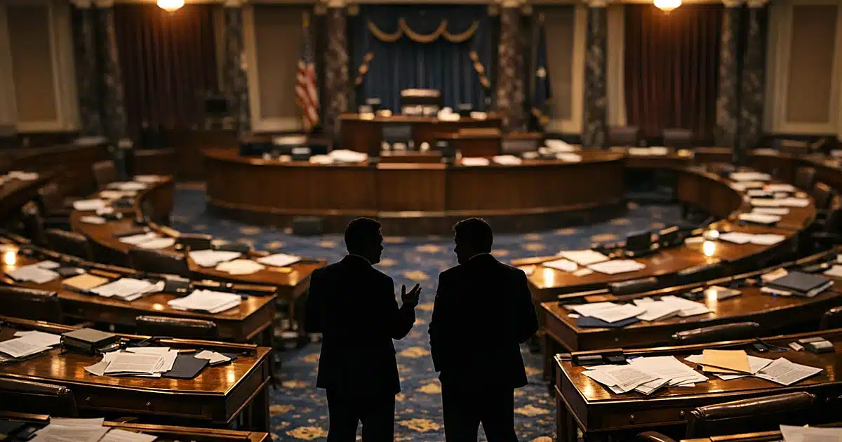 Senate chamber interior with scattered papers on desks and two silhouetted figures in center aisle at dusk