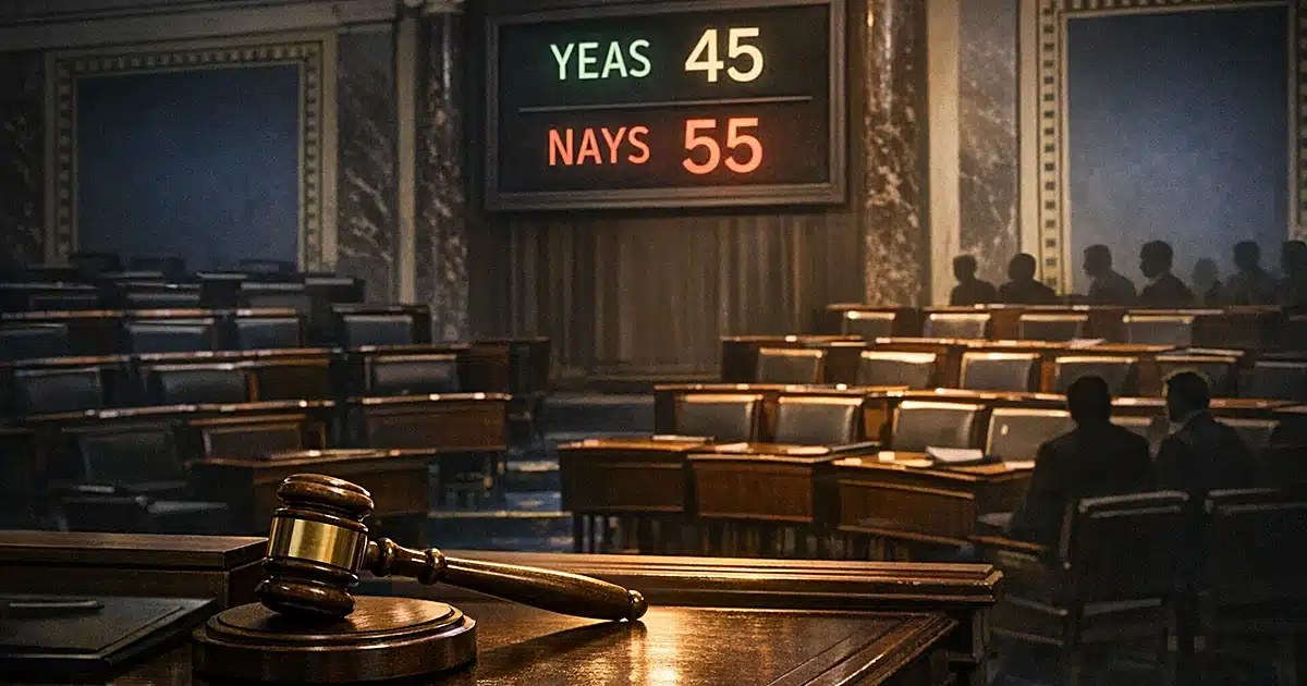 Senate chamber with electronic voting board showing 55-45 vote tally and empty seats after war powers resolution defeat