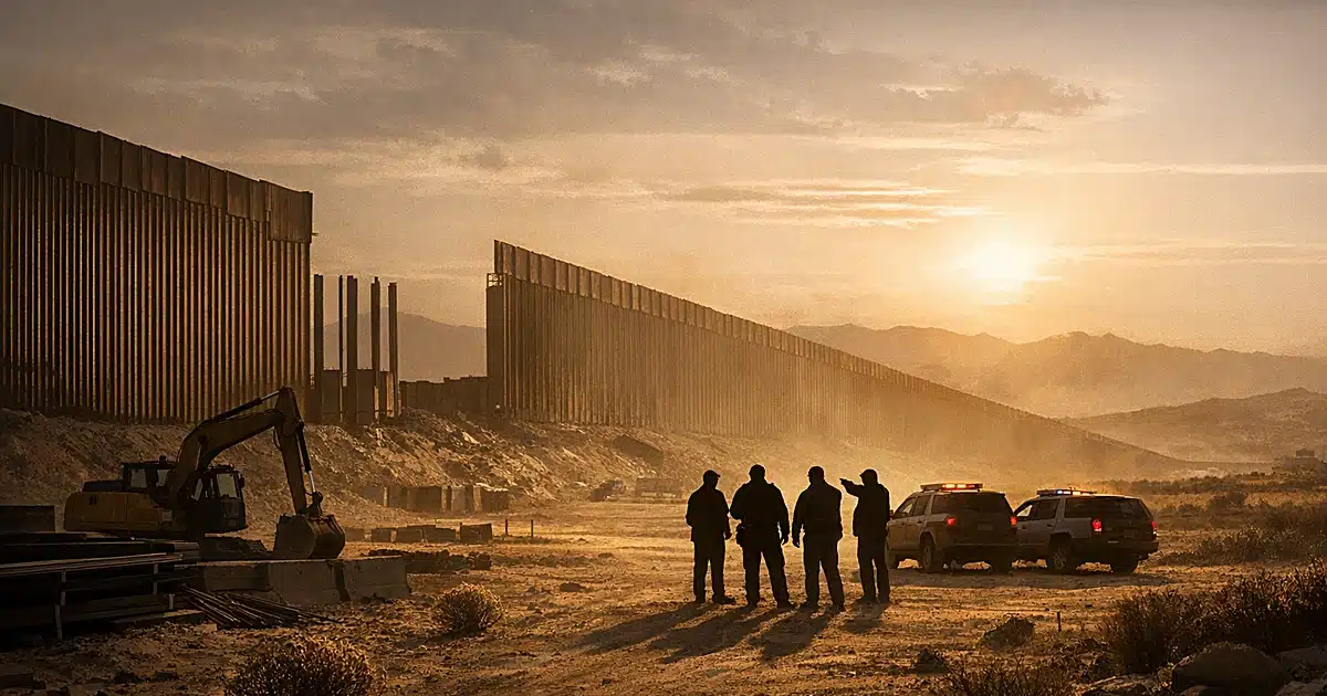 Border wall construction site at dusk with silhouetted figures and equipment across desert landscape