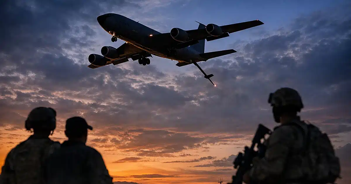 KC-135 Stratotanker military refueling aircraft silhouetted against dusk sky over desert terrain