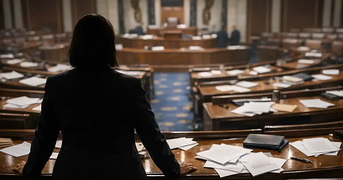 Empty legislative chamber with scattered papers and silhouetted figure gesturing to vacant desks