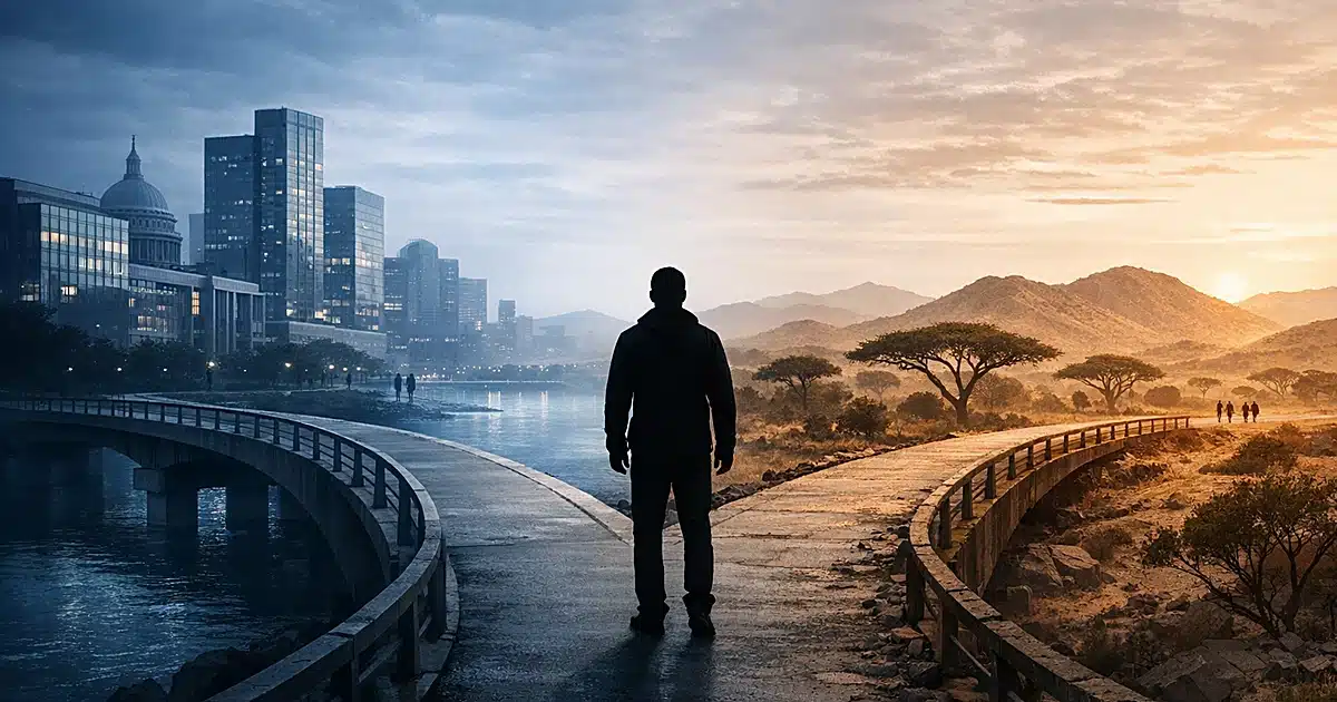 Silhouette at crossroads between Western government buildings and Horn of Africa landscape