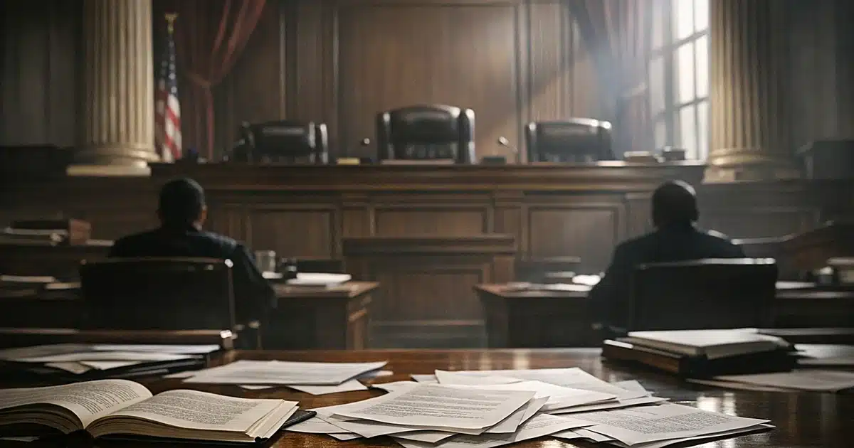 Empty Supreme Court-style courtroom with scattered legal documents on tables below imposing judicial bench
