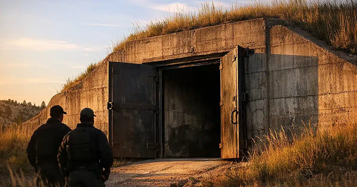 Concrete bunker entrance built into hillside with steel doors partially open at golden hour in rural South Dakota