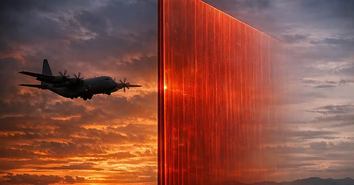 Military aircraft silhouette approaching a translucent red barrier wall blocking its path against dramatic sunset sky