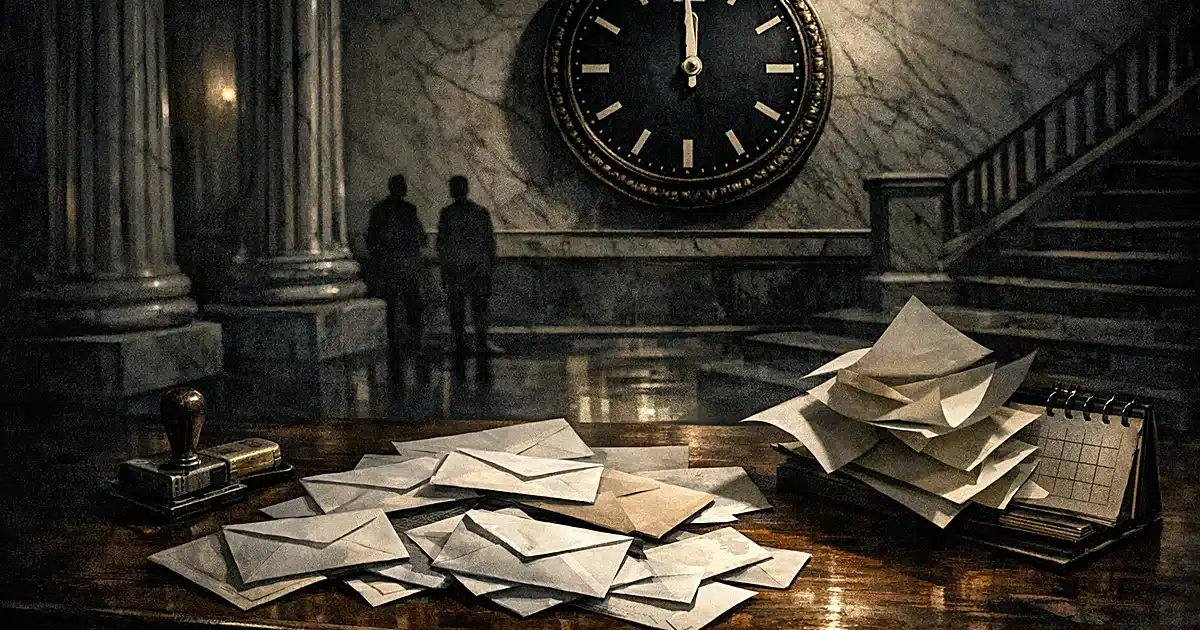 Overhead view of envelopes on table beneath courthouse clock, symbolizing ballot counting deadlines