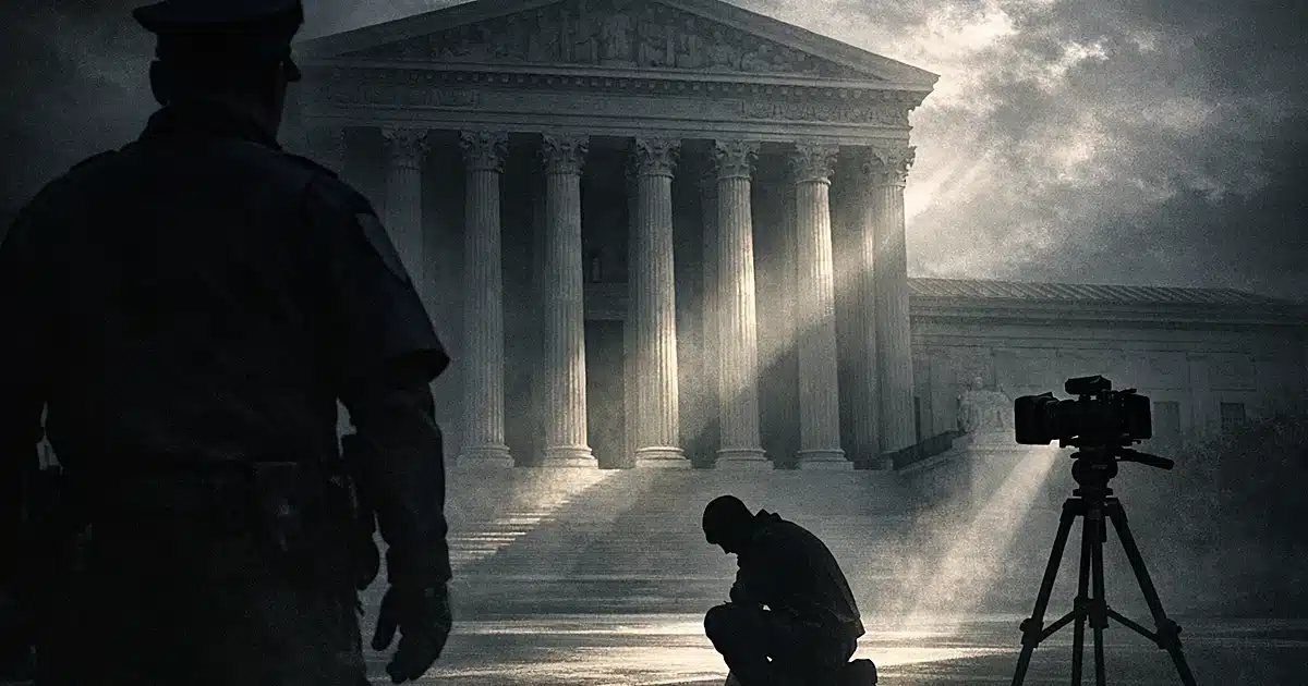 Courthouse with columns towers over silhouetted police officer, kneeling figure, and camera in dramatic lighting