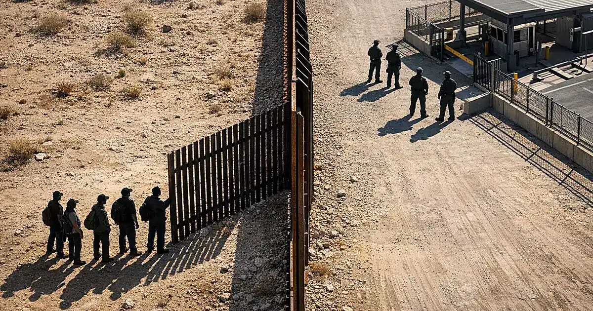Aerial view of border barrier with silhouetted people on Mexican side and officers at entry point on US side