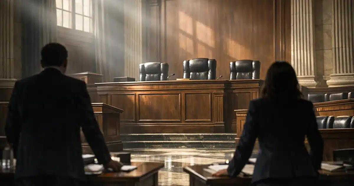 Interior of federal courtroom with empty judicial bench, witness stand, and silhouetted attorneys at counsel tables
