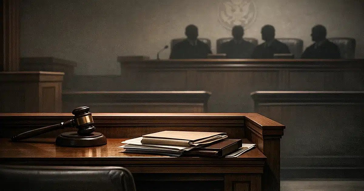 Immigration judge's bench in foreground with distant appellate court judges in background, showing judicial hierarchy