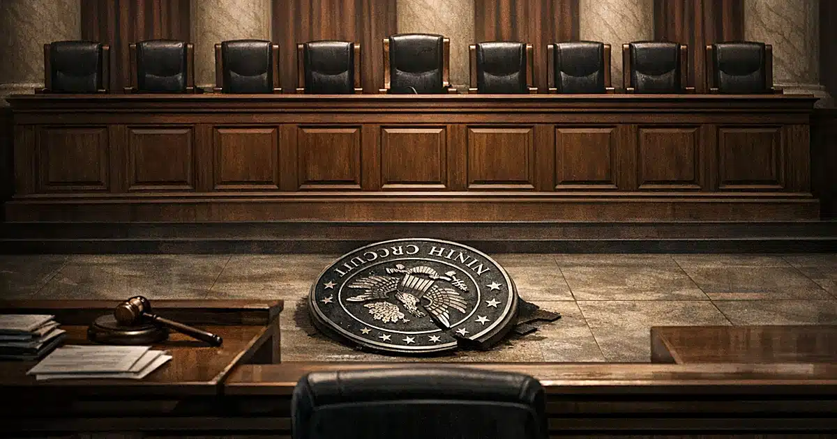Supreme Court bench unified above immigration judge's bench with overturned 9th Circuit seal on courthouse floor
