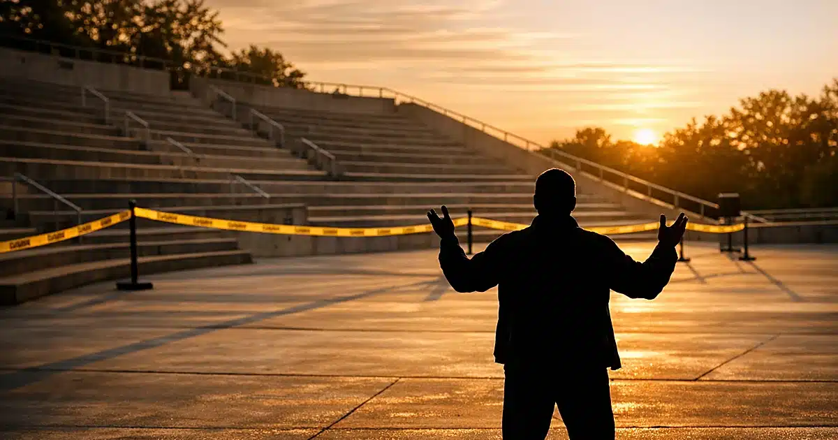 Silhouetted figure standing in public amphitheater plaza outside cordoned designated area at dusk