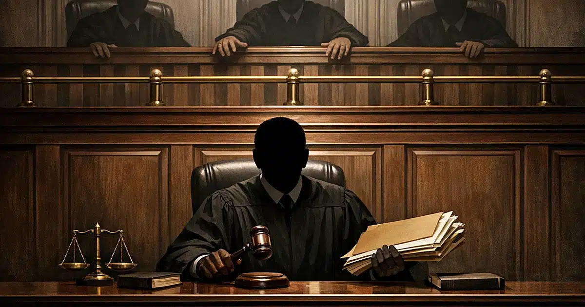 Immigration judge at bench with appellate judges seated above, separated by barrier symbolizing judicial deference