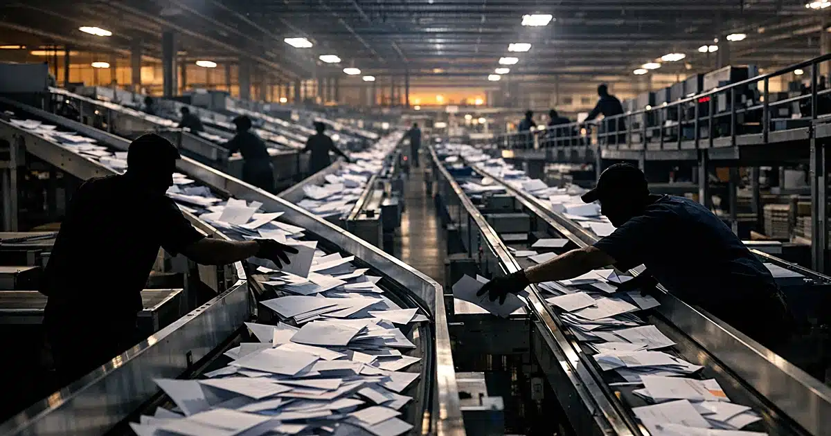 Mail sorting facility with ballot envelopes moving on conveyor belts as silhouetted workers process them