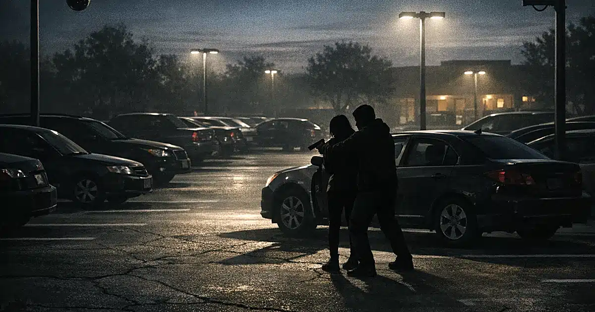 Silhouetted figures in an empty parking lot under security camera surveillance at dusk