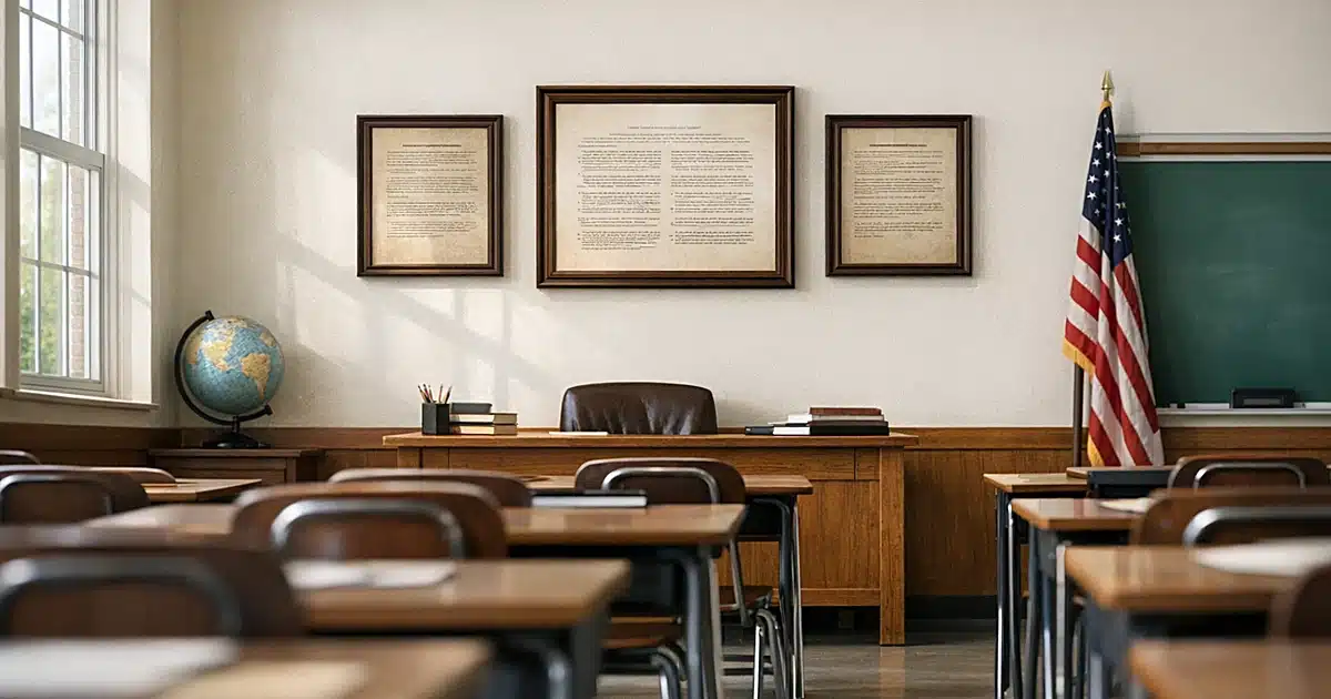 Empty public school classroom with three framed documents hanging on front wall above teacher's desk