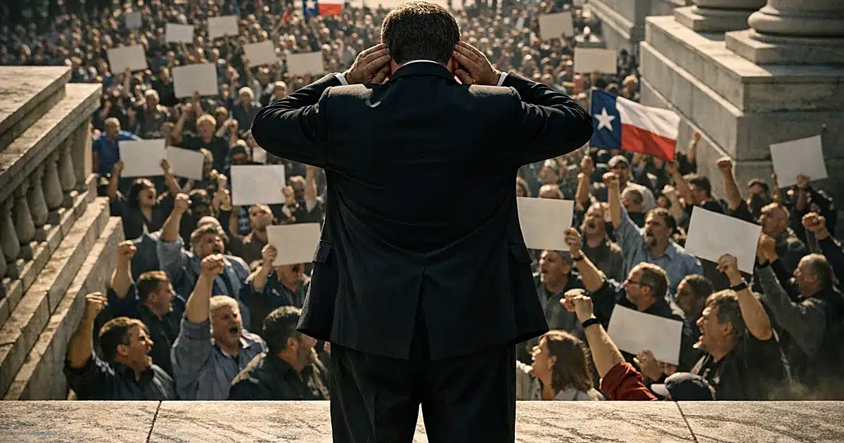 Senate leader figure with covered ears ignoring crowd of angry Texas Republican voters below on Capitol steps