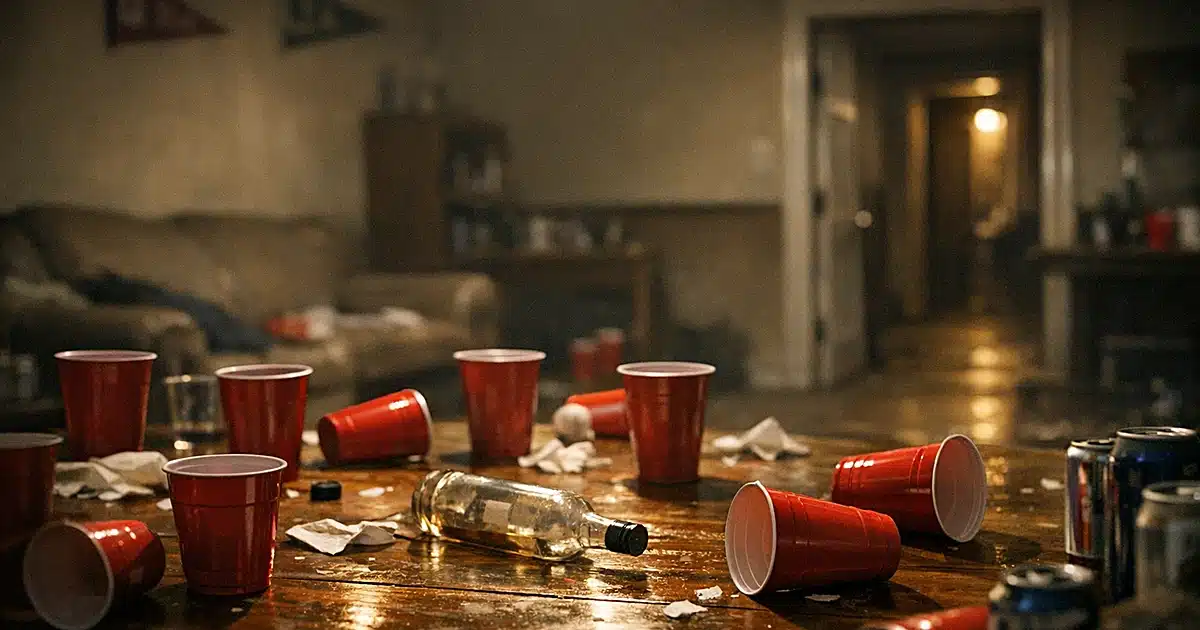 Empty room with scattered red cups on table in dimly lit house interior suggesting aftermath of fraternity party